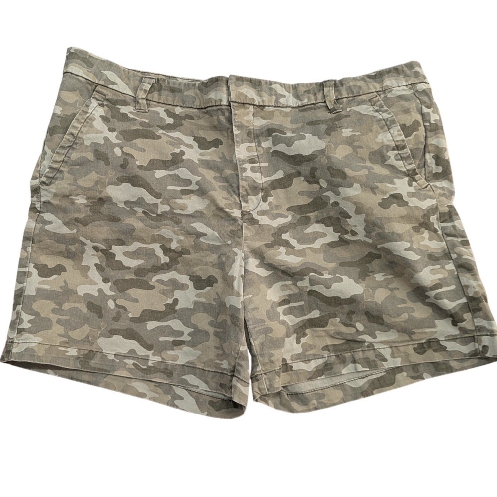 JOE Fresh Camo Chino Shorts Green Brown Camouflage Mid Rise 5" Inseam Wmns Sz 16